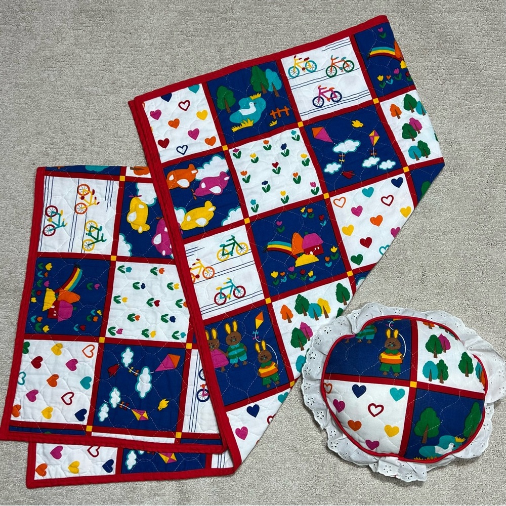 Vintage Handmade Child Nap Quilt & Pillow Red White Animals Planes Bikes